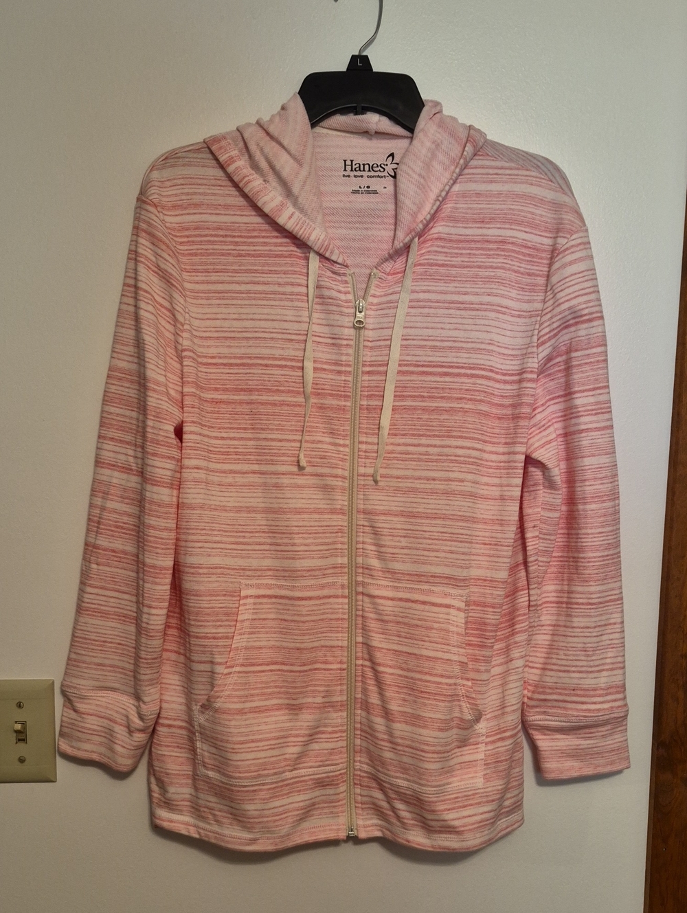 Hanes Women’s Pink & White Striped Zip-Up Hoodie Jacket SZ L